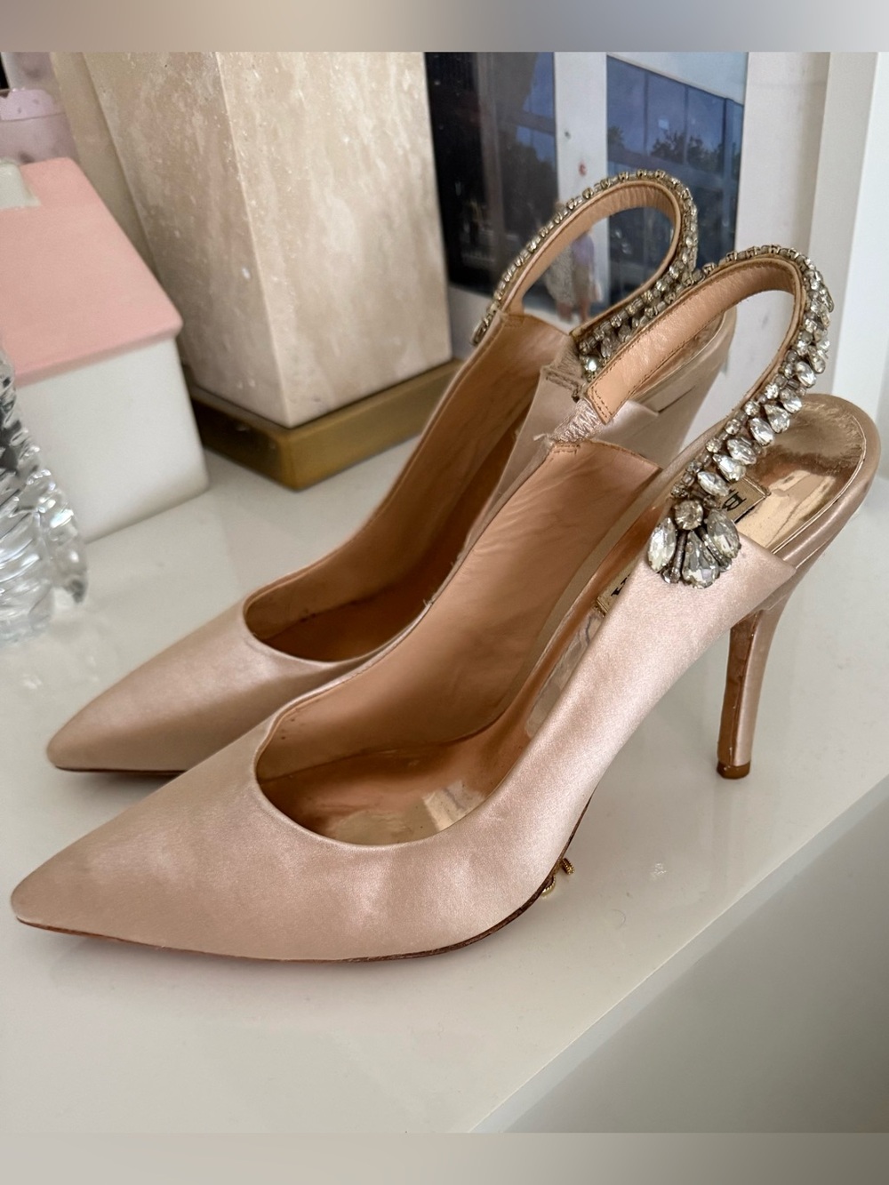 Jewel Badgley Mischka Blush Satin Slingback Heels with Crystal Halo